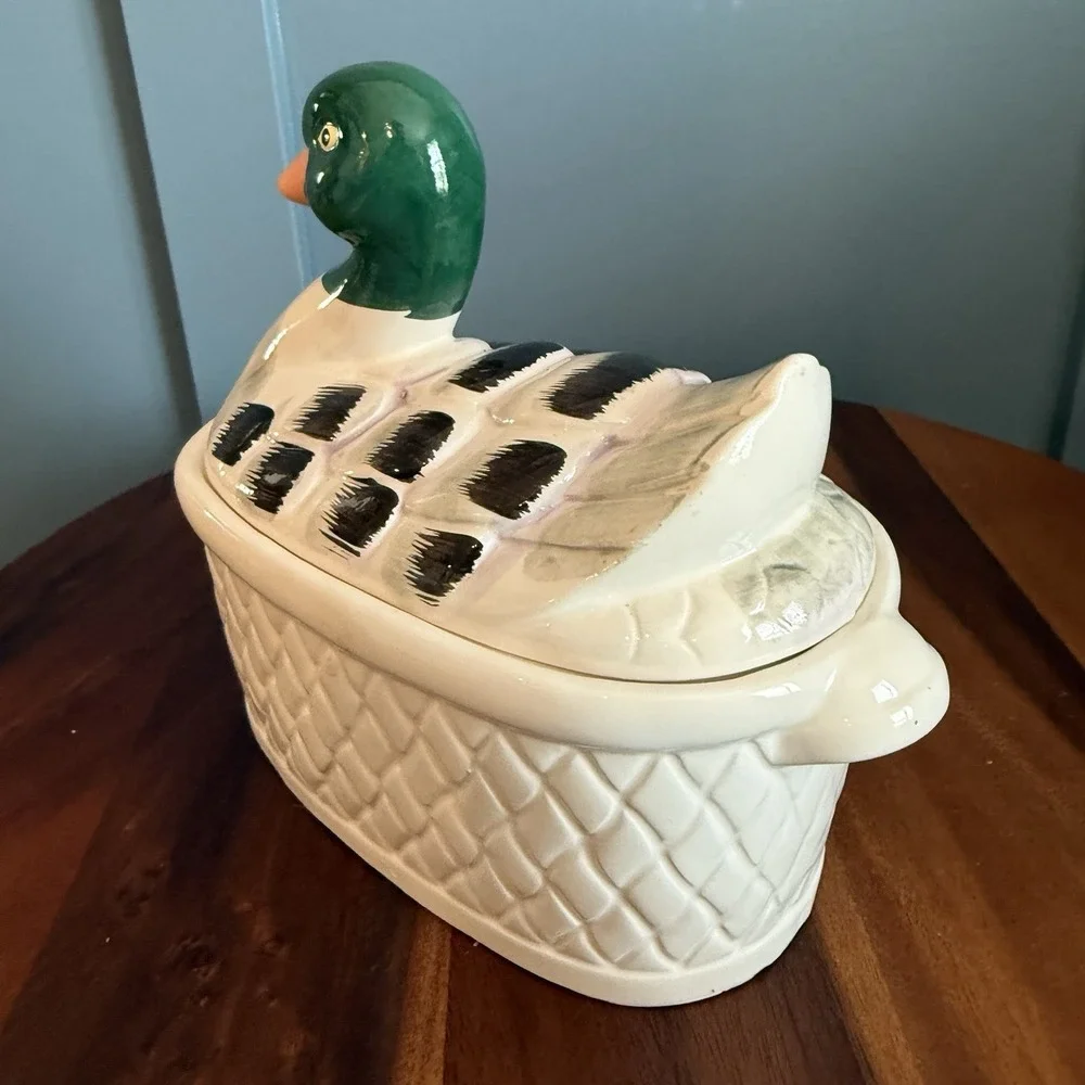 Vintage Duck on a Basket Tureen Ceramic‎ Mallard Cottagecore Farmhouse Japan